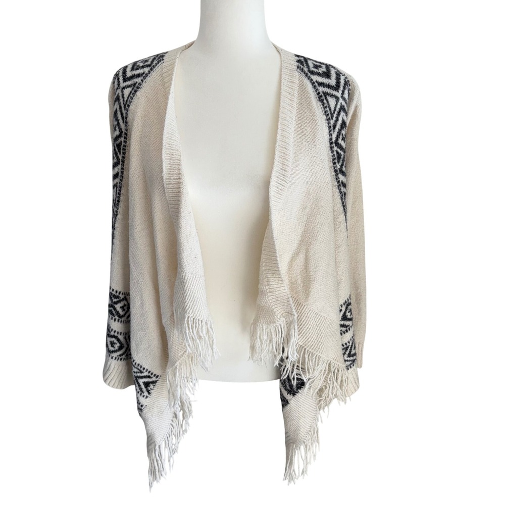 Hollister Womens Cream Aztec Fringe Open‎ Front Cardigan Sweater Size L Boho